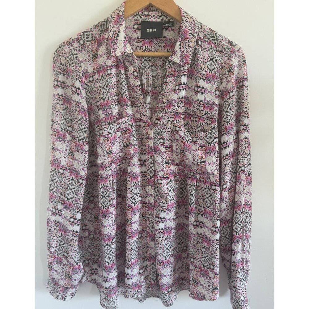 Maeve Anthropologie Womens M Pink Islet Geometric Print Tab Sleeves Soft Flowy